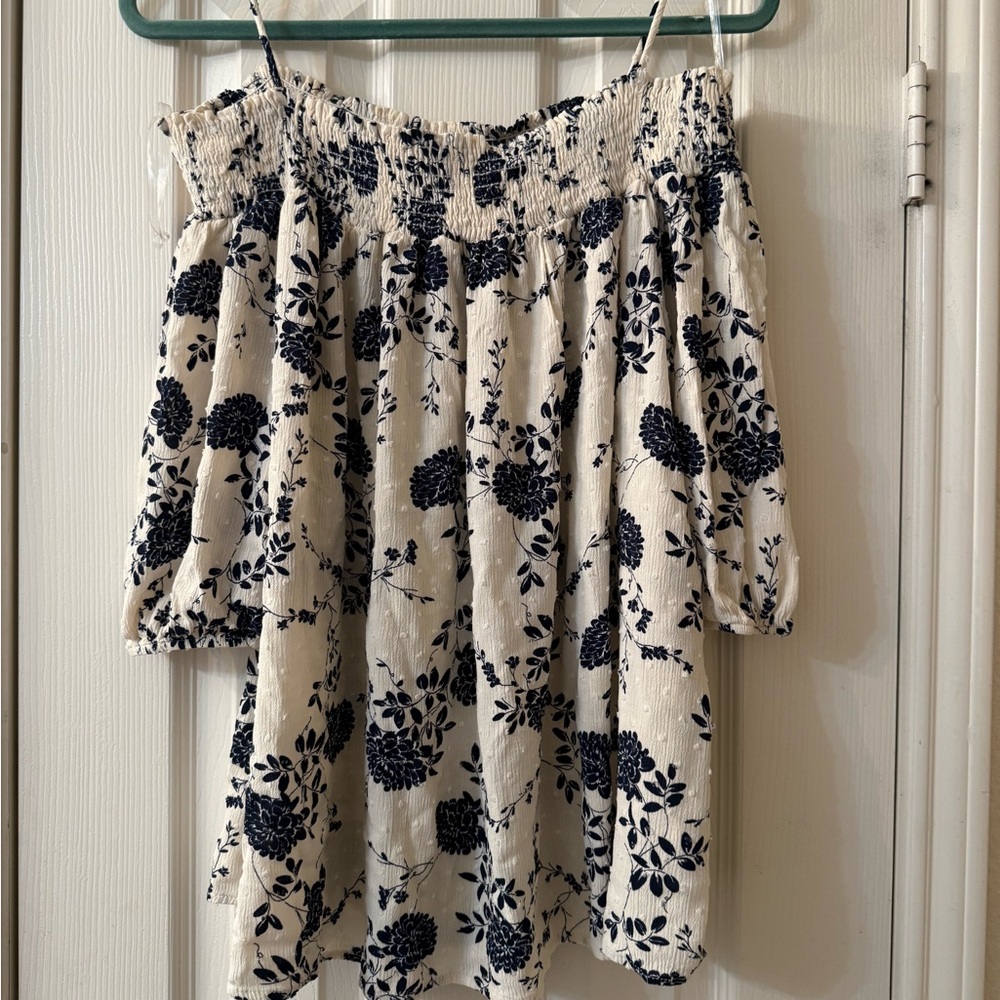 Floral Off-Shoulder Top - Cream and Navy Blue